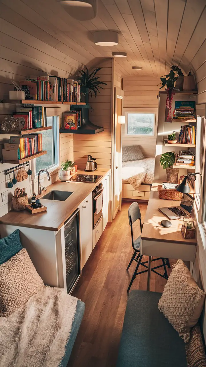 A captivating photorealistic image of the interior of a cozy, tiny home. The space is neatly organized, showcasing a compact kitchenette with a sink, stove, and refrigerator. Wall-mounted shelves are filled with an assortment of colorful books, plants, and knick-knacks. A comfortable bed with a fluffy pillow and soft blanket occupies one corner, while a small desk with a laptop and desk lamp sits in another. The entire room is bathed in warm, natural light that highlights the attention to detail and the harmonious blend of functionality and aesthetics., photo