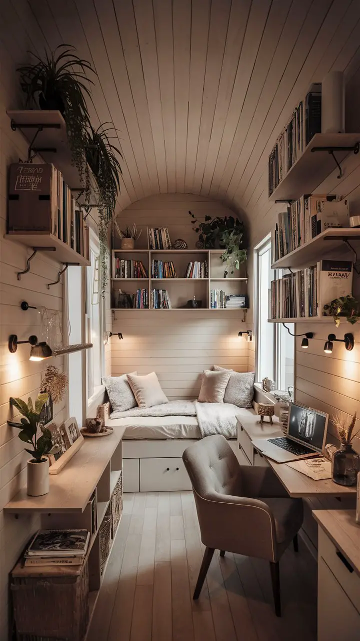 A photograph of an exquisitely designed tiny home, showcasing a cozy interior with minimalistic furniture and fittings. The walls are adorned with stylish wall-mounted shelves, housing an organized collection of books, plants, and decorative items. The space features a small, comfortable bed, a desktop with a laptop, and a quaint reading nook with a plush armchair. The overall atmosphere is warm, inviting, and serene, creating a sense of tranquility and simplicity., photo