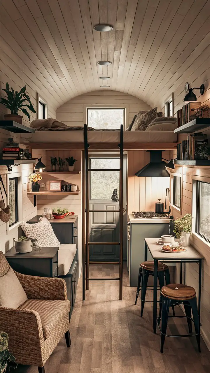A stunning, photorealistic photo of a cozy, well-organized tiny home. The interior features a lofted bed with ladder access, a small kitchenette with a stove and sink, and a living area with a comfortable armchair. Wall-mounted shelves showcase books, plants, and decorative items, while a small table and chairs provide a dining space. The overall ambiance is warm, inviting, and serene, making the tiny home feel spacious and comfortable., photo