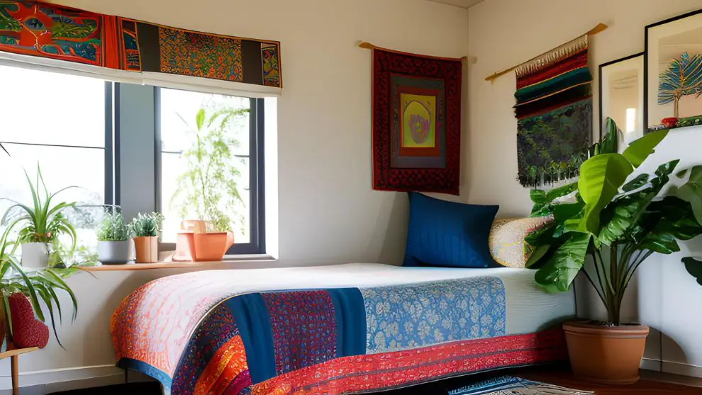 A bohemian style dorm room with colorful tapestries, eclectic furniture, vintage posters