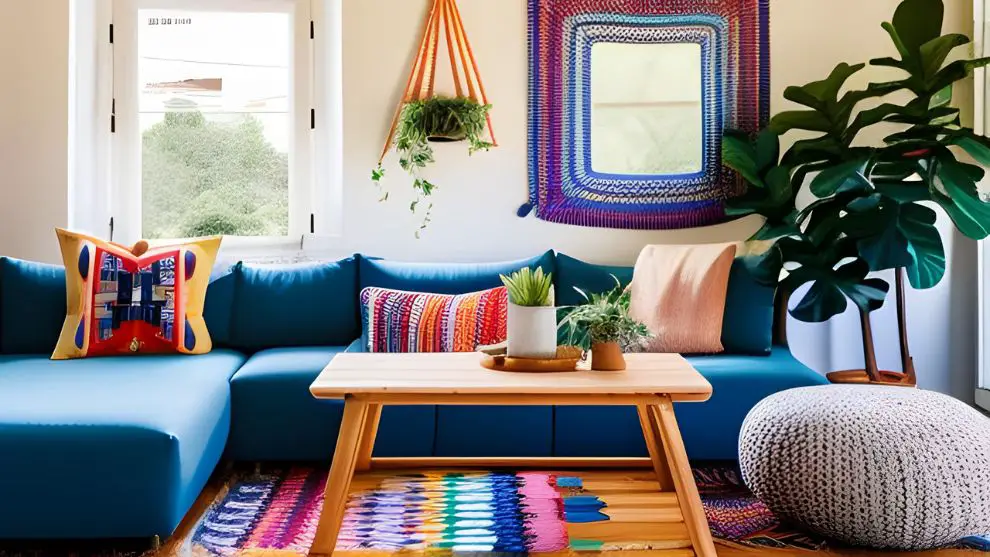 A cozy boho living room with Macramé wall hangings, colorful Floor cushions and poufs