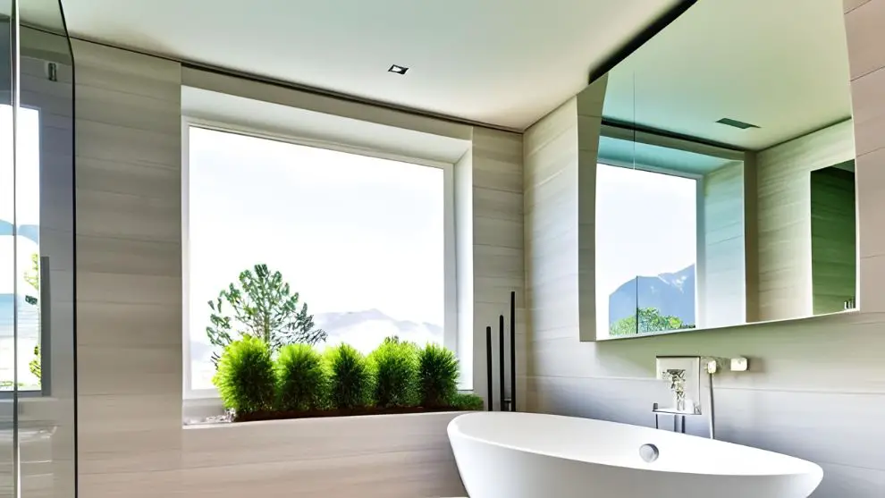 A minimalist bathroom with a single frosted glass window, a white porcelain sink with a silver faucet