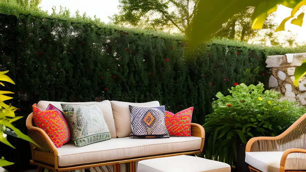 a boho patio with rattan furniture and throw pillows