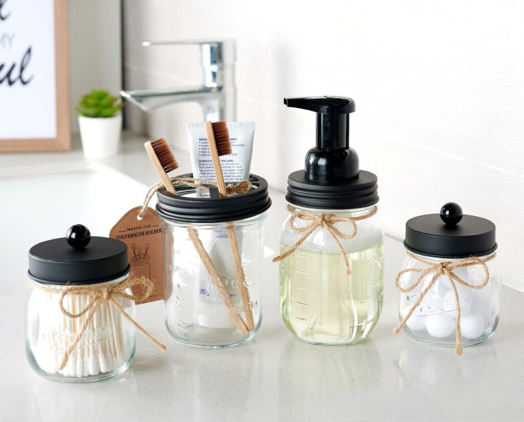 mason jar accessories in a farmhouse bathroom