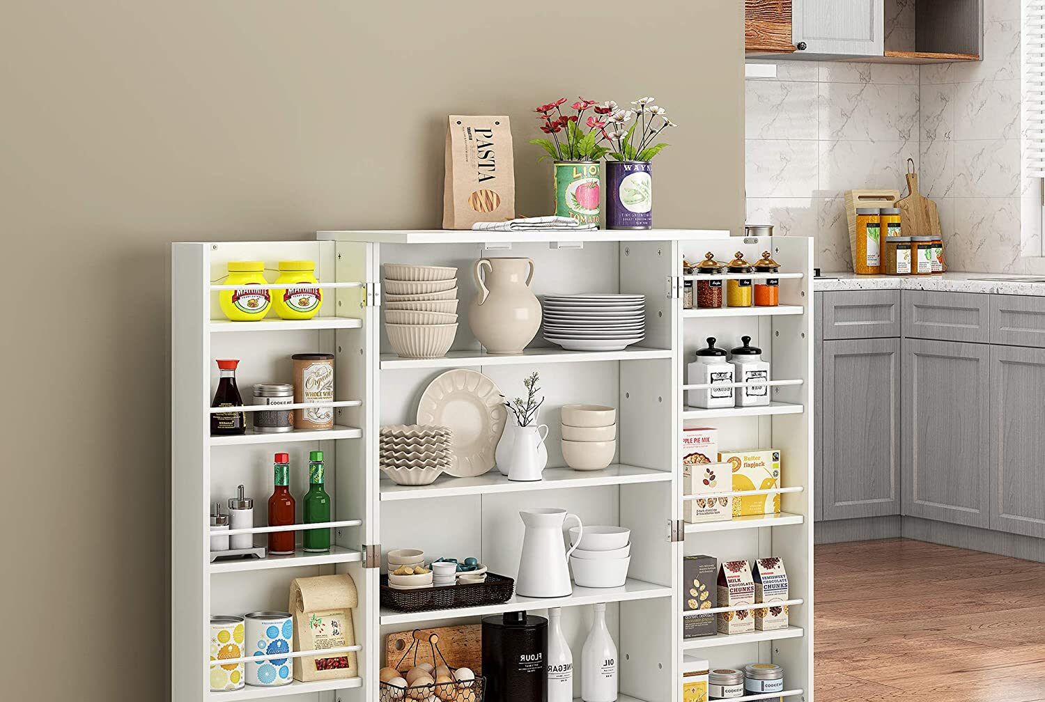 a white pantry in a farmhouse kitchen