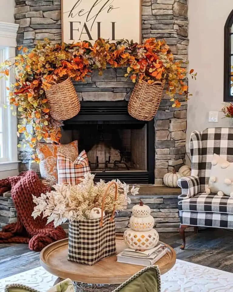 Autumn's Delight: Dry Stacked Stone Fireplace with Fall Garland