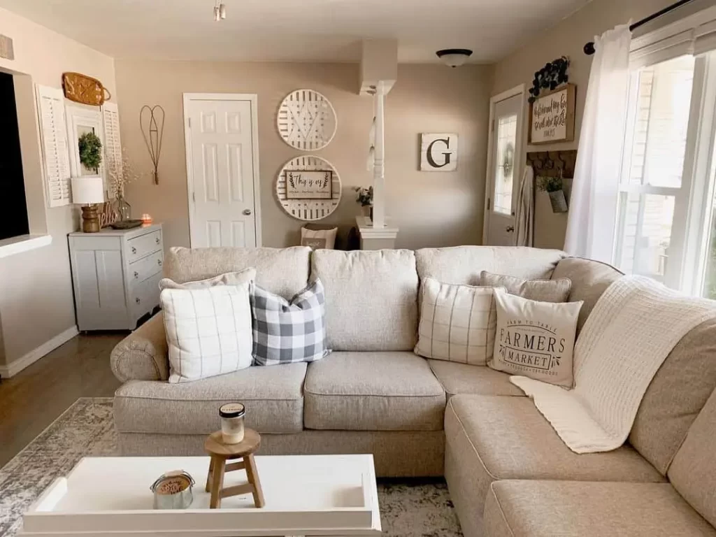 Beige Family Room Enhanced with White Decor Elements