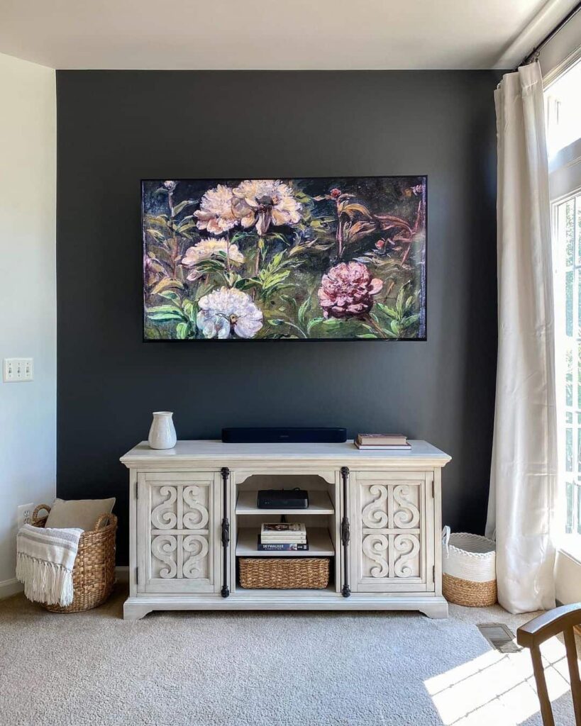 Chic Boho Farmhouse TV Wall Design: An Artful Touch