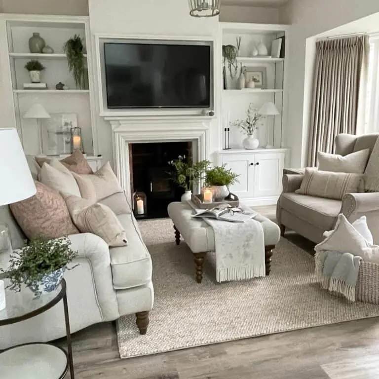 Cozy Warmth Meets Grey Wood Flooring Around an Indoor Fireplace