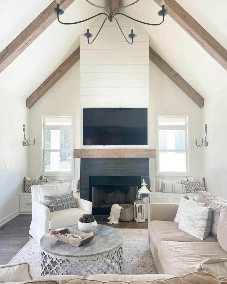 Dark Wood Beams against a Serene White Ceiling