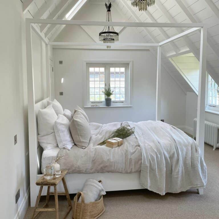 Elegance in White: Gabled Bedroom Ceiling Design
