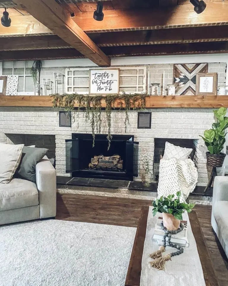 Embracing Cozy Charm: Gray Stone Fireplaces with Stained Wood Mantel