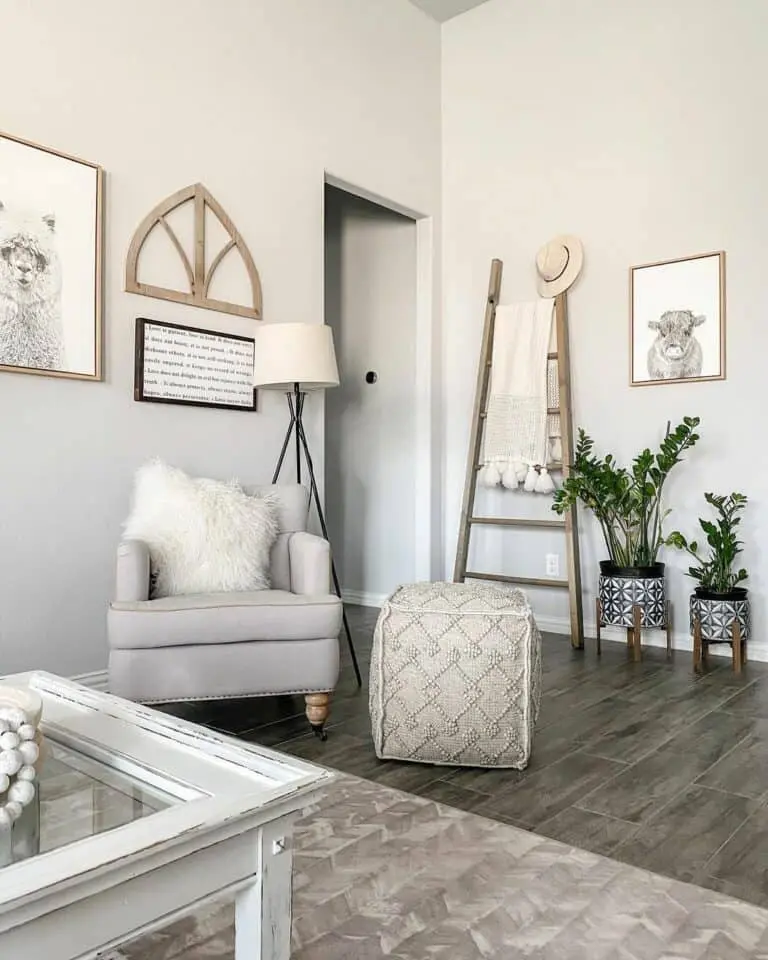 Enchanting Farmhouse-inspired Living Room Showcasing Grey Flooring