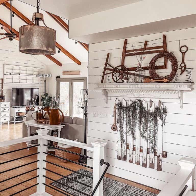 Farmhouse Flourish: Landing Decor for Enchanting Stairwell