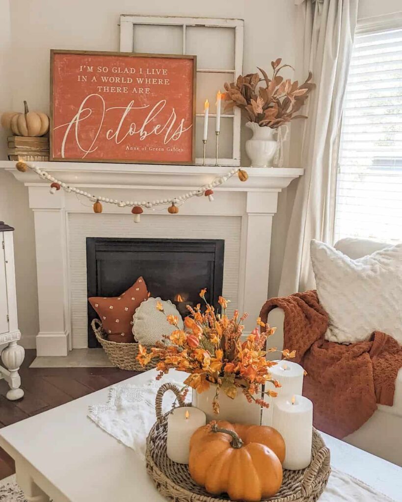 Farmhouse Living Room with Orange Fireplace Décor