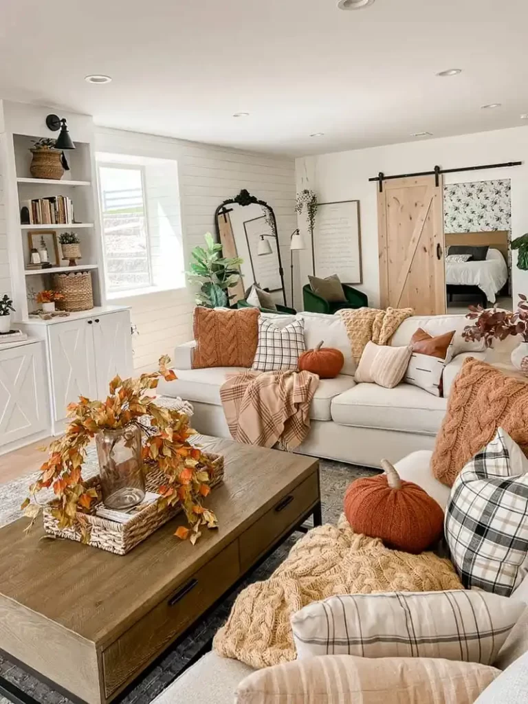Farmhouse Living Room with Orange Pumpkin Pillows