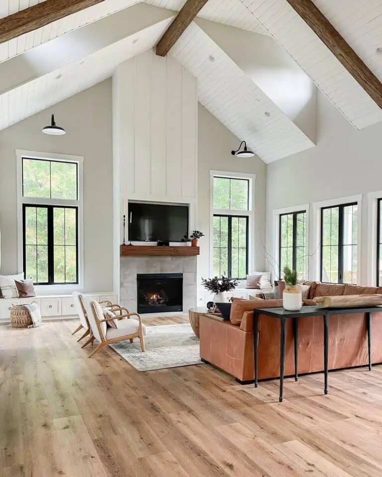 Floor-to-Ceiling White Board and Batten Fireplace: A Design Gem