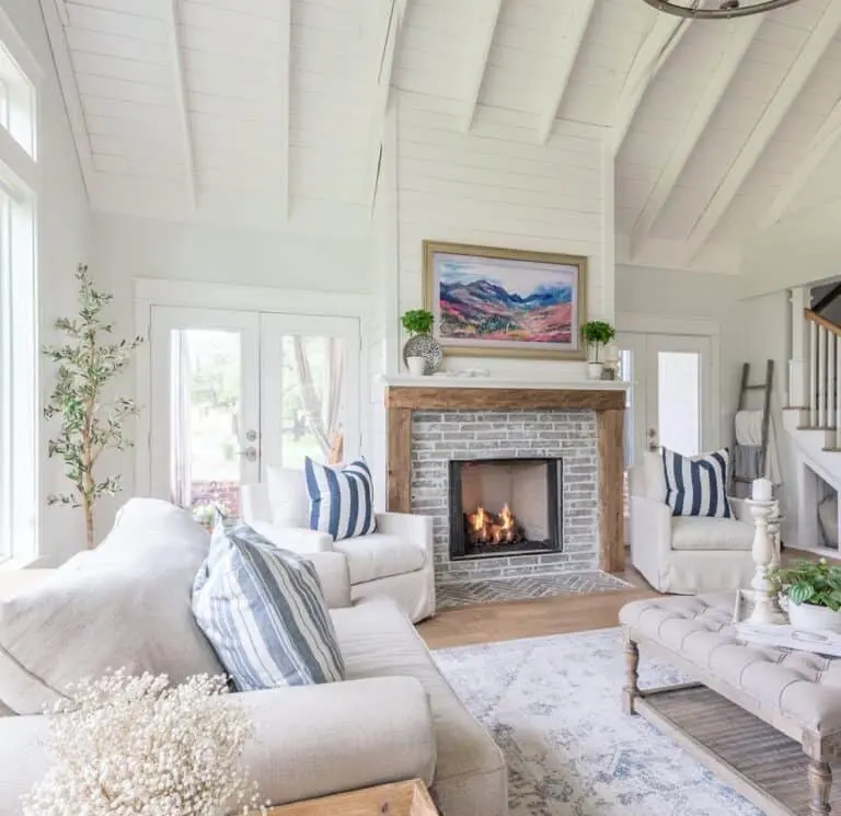 Gray Stone Fireplace Enhanced by Stained Wood Trim in a Refined Living Room