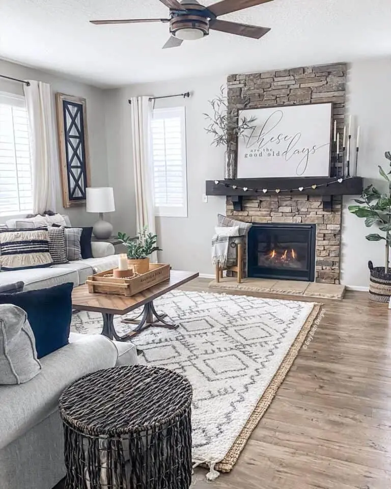 Harmonizing Elements: Dry Stack Stone Fireplace with Beige Stone Hearth