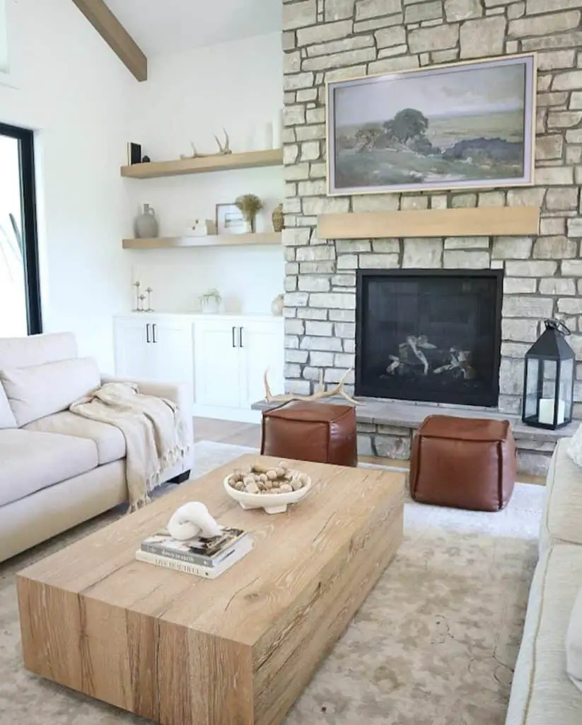 Inviting Living Room Highlighting a Stone Fireplace