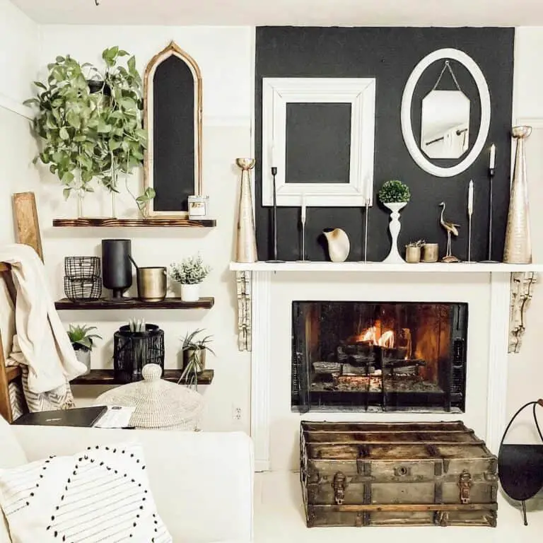 Monochromatic Fireplace Finesse: White Hearth and Black Accent Wall
