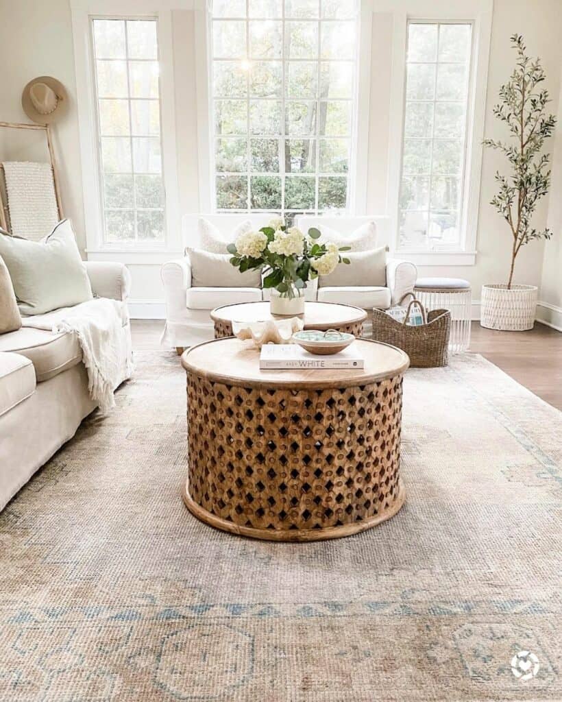 Natural Harmony: Living Room Elevated by Textured Wooden Coffee Tables