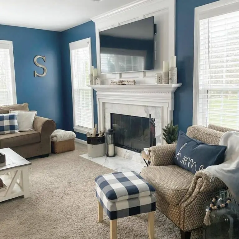 Navy Blue Living Room Inspiration with Indoor Fireplace