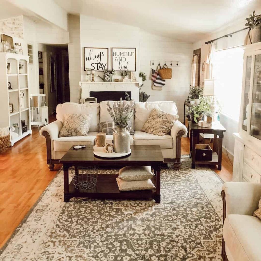 Neutral Farmhouse Living Room With Floral Rug