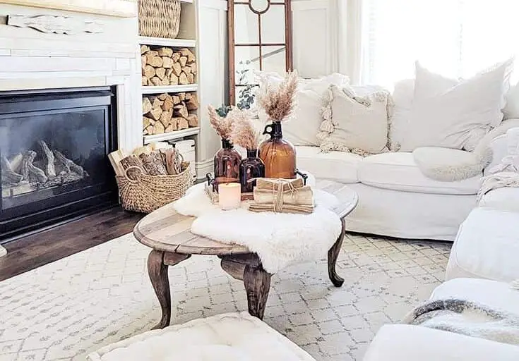 a Reclaimed Wooden Coffee Table in a White Living Room