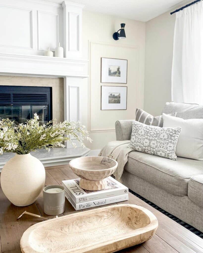 Serene Simplicity: Living Room with Ivory Fireplace and Beige Walls