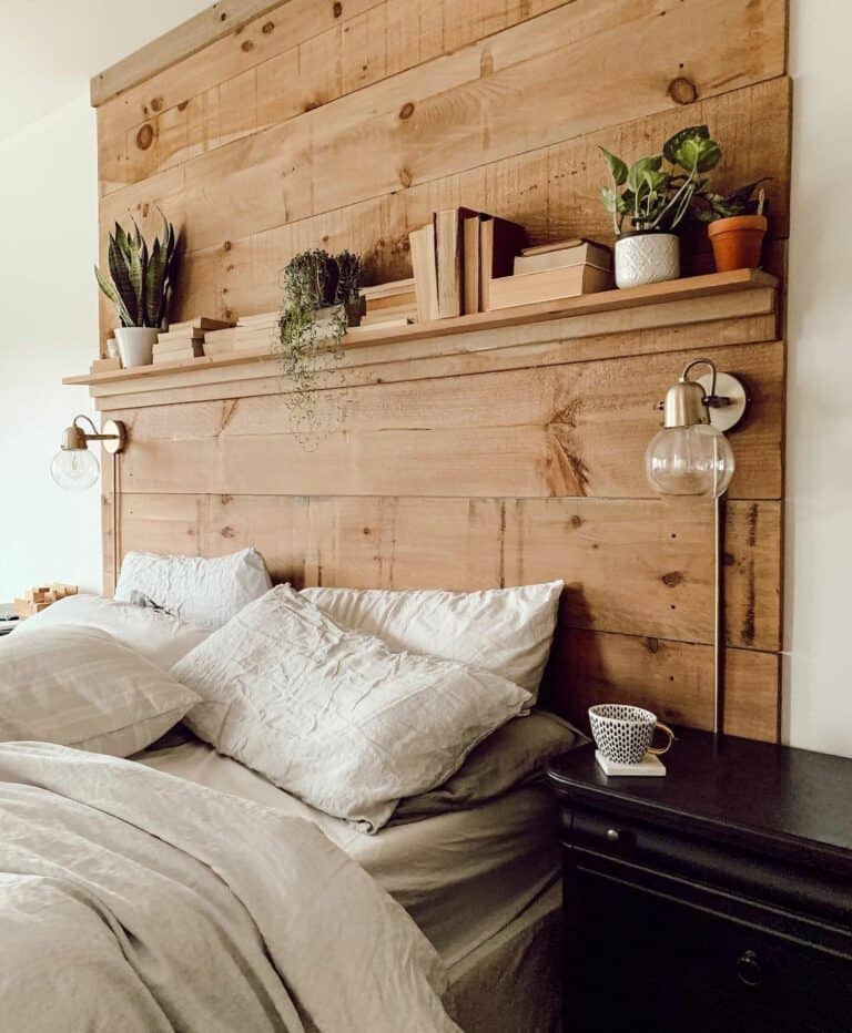 Sleek Farmhouse Aesthetic: Bedframe with Integrated Shelving