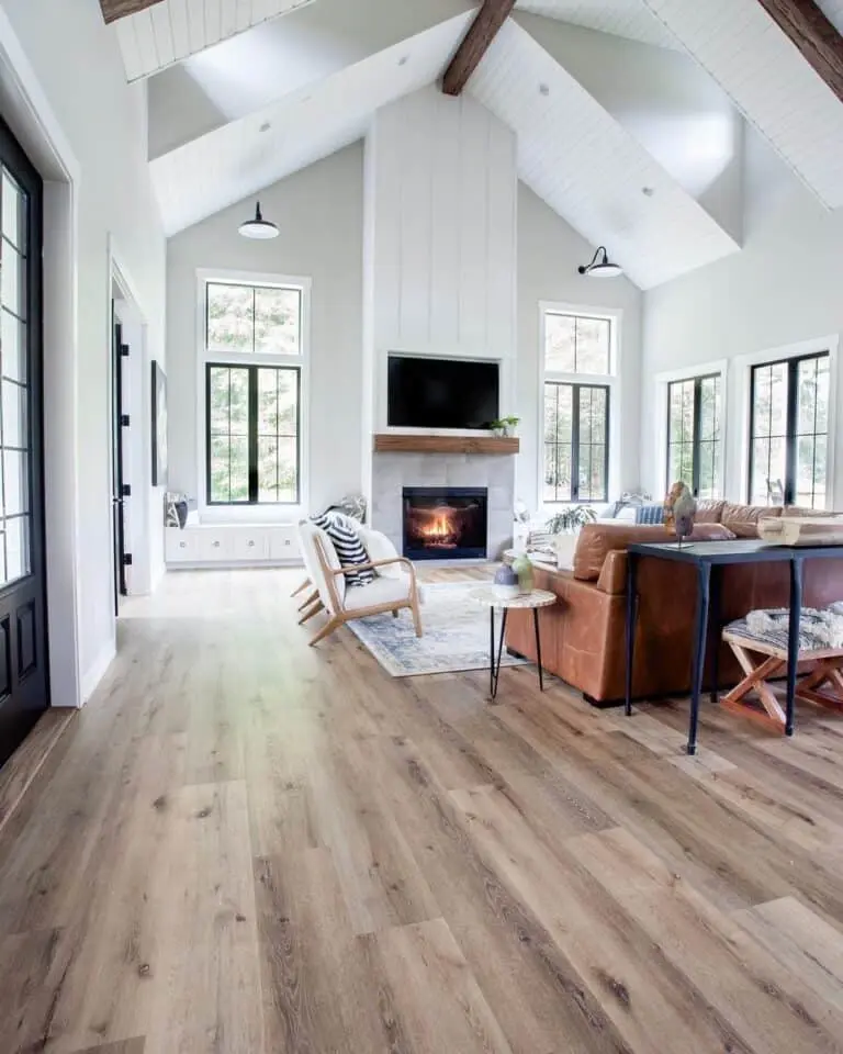 Vaulted Ceiling with Wooden Beams and Skylights