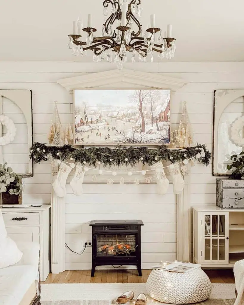 White Farmhouse Living Room Elevated by Fireplace TV