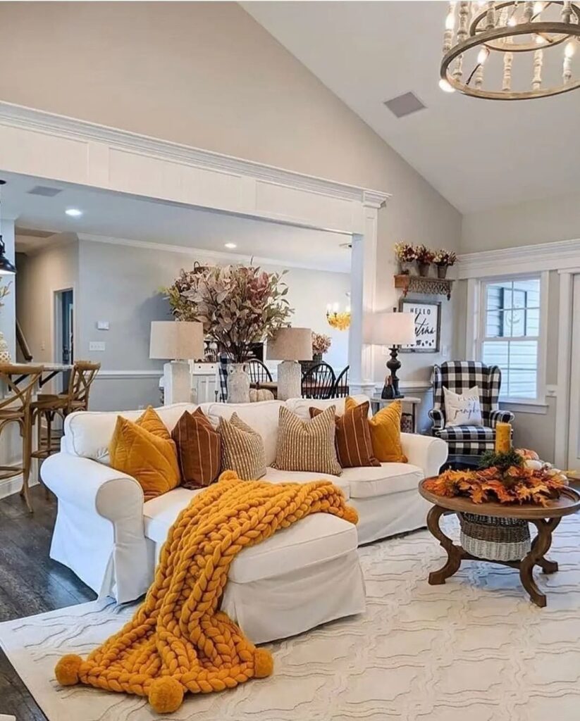 White & Orange Farmhouse Living Room