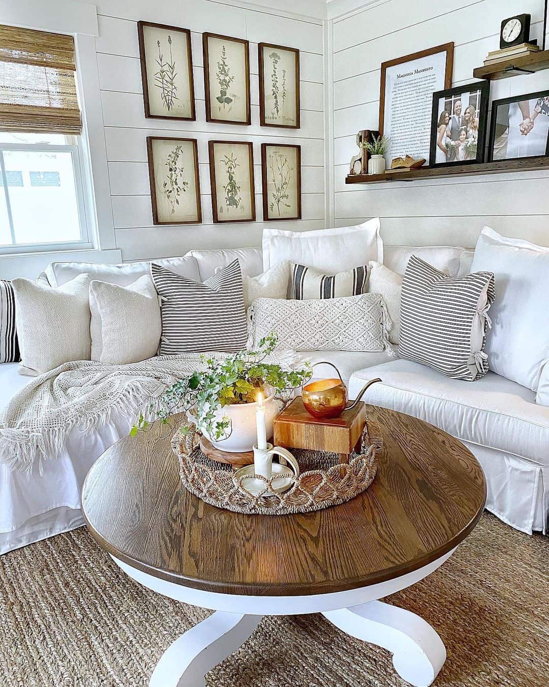 White Sectional and Round Coffee Table