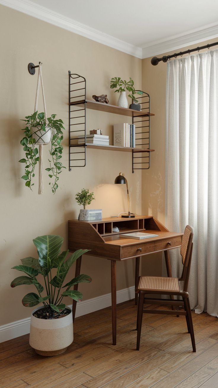 A charming room with a cozy atmosphere. There's a wooden desk with a lamp and a green plant in the corner. Above the desk, there's a floating shelf with a few decorative items. On the wall next to the desk, there's a hanging plant in a white pot. The room has a wooden floor and the walls are painted beige. The window has white curtains.