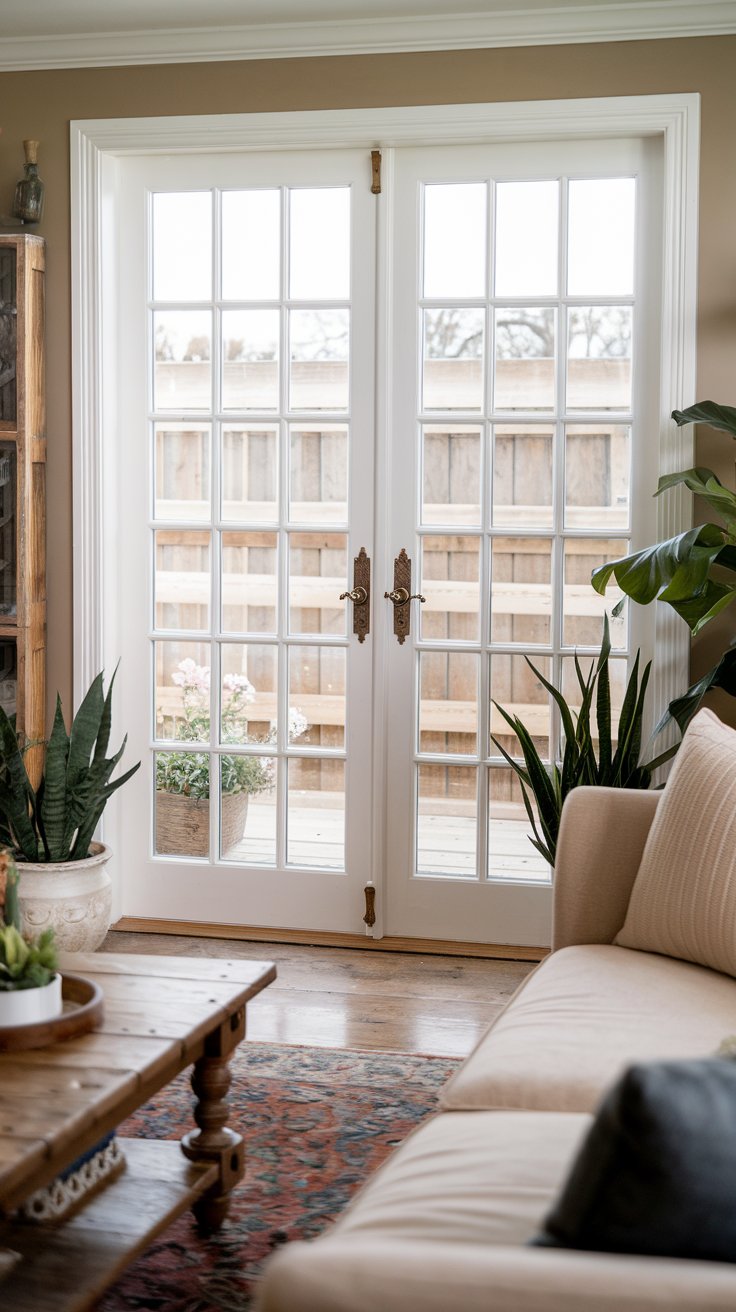A close-up photo of a beautiful farmhouse living room with French doors. The doors have vintage-style brass handles. The room has a beige sofa, a wooden coffee table, and a patterned rug. There are potted plants near the doors. The walls are painted beige. The floor is made of wood.