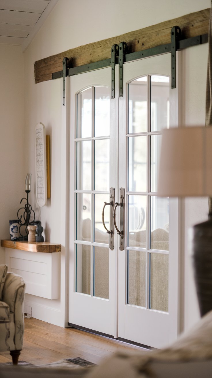 A close-up photo of a beautiful farmhouse living room with French doors. The doors have vintage-style brass handles. There is a wooden beam across the top of the door. The walls are painted white. There is a lamp and a few items on a wooden shelf near the door. The floor is made of wood.