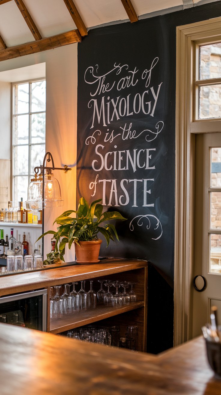 A long shot photo of a dry bar area in an English countryside setting. The bar area has a chalkboard paint wall where drink recipes, notes, or a fun quote can be written. The wall is painted with the text "The art of mixology is the science of taste". There is a vintage lampshade and a potted plant on the bar area. The background contains a window, a door, and a few shelves with bottles and glasses. The lighting is warm.