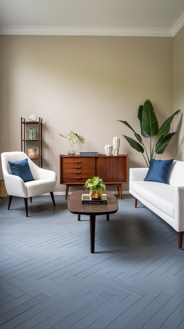 A mid-century modern living room with a grey herringbone floor. There's a white sofa with a blue accent pillow, a dark wood coffee table, and a green plant. There's a white chair with a blue accent pillow next to the sofa. There's a wooden cabinet with a few decorative items. The walls are painted beige.