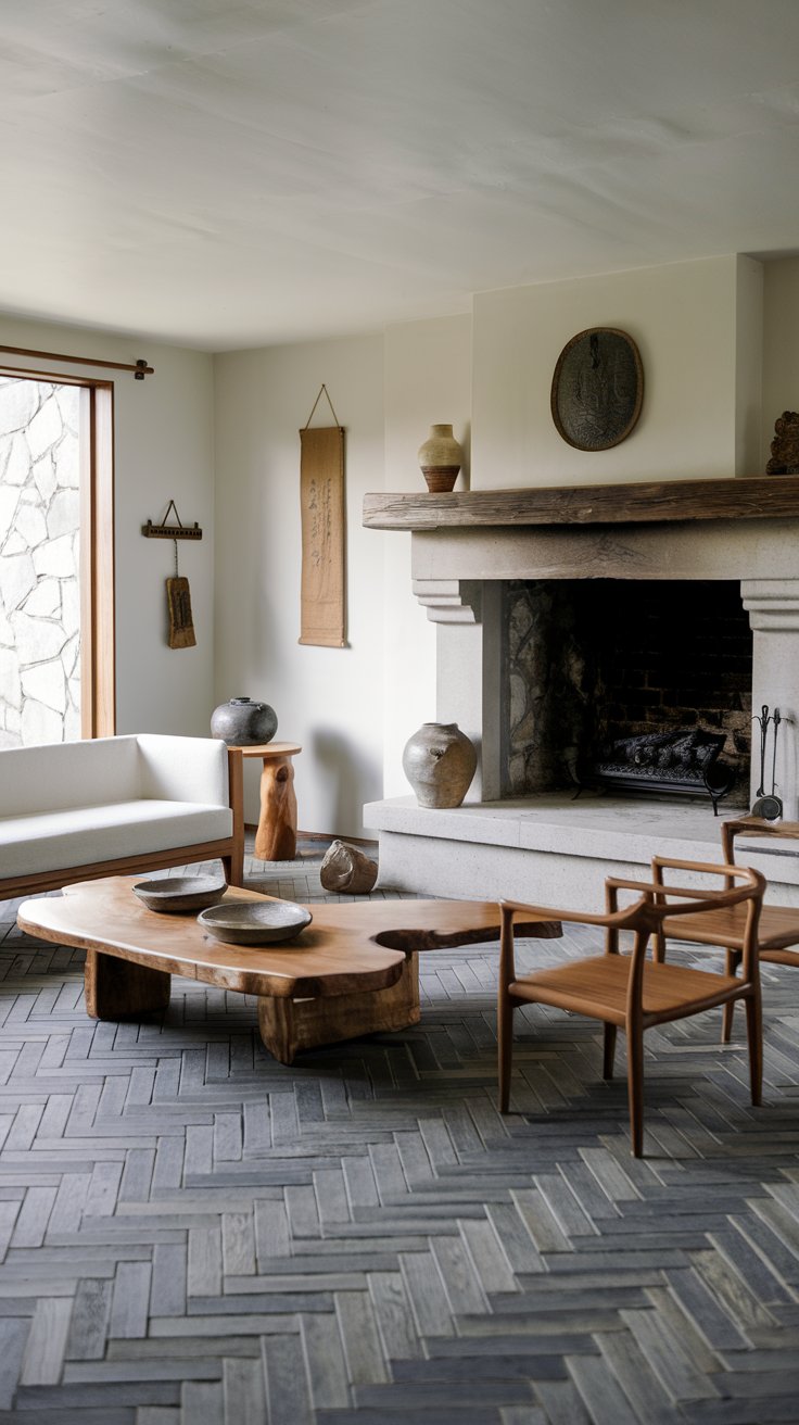 A photo of a beautiful Asian zen living room with grey chevron wood flooring. The room has a stone fireplace with a wooden mantel. There's a white sofa with a wooden base and two wooden chairs. A wooden coffee table is placed in front of the sofa. A few decorative items, including a ceramic pot and a wooden sculpture, are placed on the mantel and the coffee table. The walls are painted white and have a few hanging items.