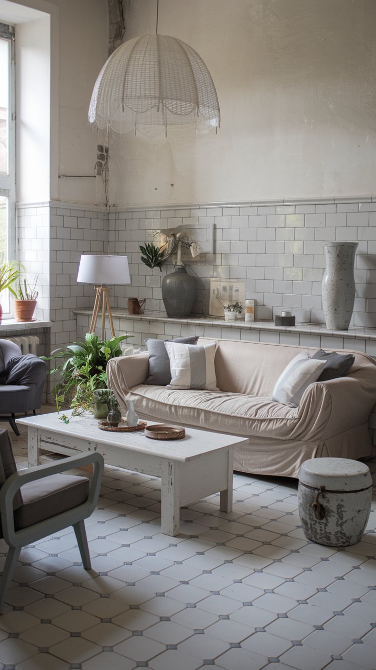 A photo of a beautiful shabby chic living room with grey and white tiles for a classic monochrome look. There is a beige sofa with grey and white cushions, a white coffee table, and a grey chair. There are also a few decorative items, including a white lampshade, a grey vase, and a white wooden box. The room has a few plants and has a rustic feel.