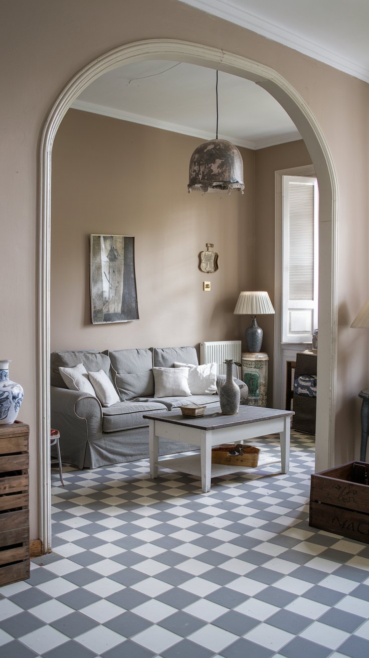A photo of a beautiful shabby chic living room with grey and white tiles. The room has a gray sofa with white cushions and a white coffee table. There are also a few decorative items, including a vase and a lamp. The walls are painted beige. The floor has a pattern of grey and white tiles. The room has a vintage feel, with some worn-out elements, such as the wooden crate and the lampshade.