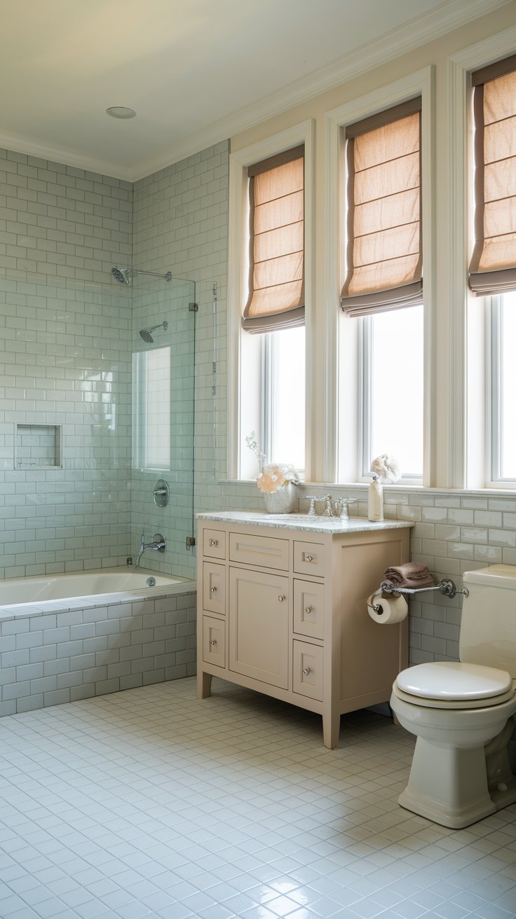 A photo of a big modern bathroom with a charming design. There is a bathtub, a shower, a vanity with a sink, and a toilet. The walls are covered with light grey tiles. The floor is covered with white tiles. There are two windows with roman shades. The roman shades are in a soft beige colour, which brings a modern touch to the bathroom.