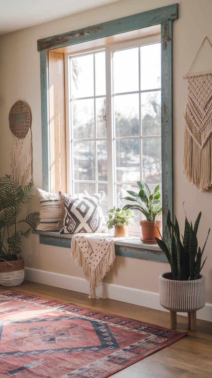 A photo of a boho living room with a large window. The window has a weathered, eco-friendly appearance due to its reclaimed wood trim. The room is filled with natural light. There are various boho-style elements in the room, including a patterned rug, a macramé wall hanging, and a few potted plants. The walls are painted in a light hue.
