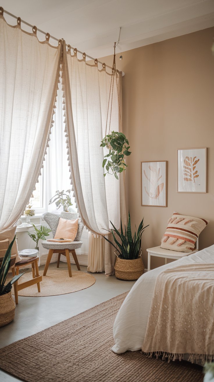 A photo of a charming boho scandi bedroom with hanging floor-to-ceiling curtains to create height and a breezy, flowing look. The room has a mix of wooden and white furniture, with a few pops of colour from the pillows, rug, and plants. The walls are painted a soft beige colour. There is a reading nook in the corner with a chair and a small table. The floor is covered with a woven rug.