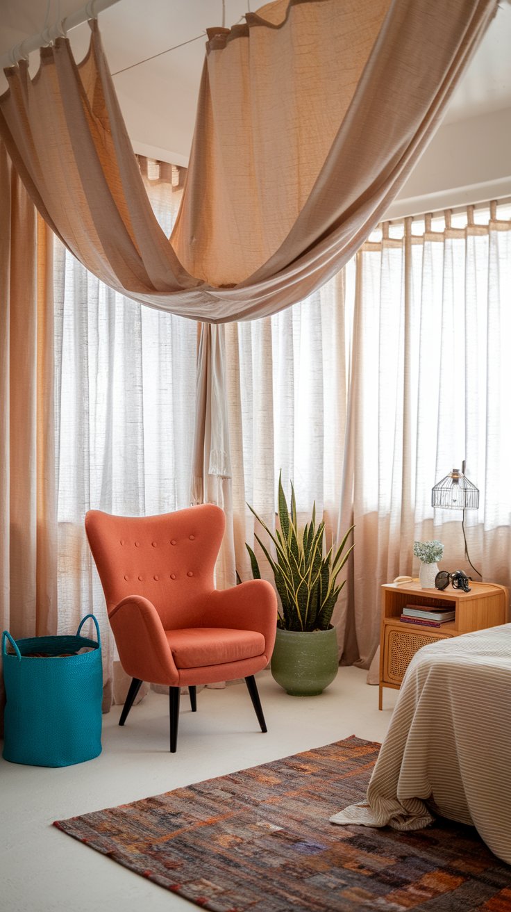 A photo of a charming boho scandi bedroom with hanging floor-to-ceiling curtains to create height and a breezy, flowing look. There are pops of colour in the room, such as the orange chair, the green plant, and the blue storage basket. The room has a cozy atmosphere with a rug on the floor and a lamp on the bedside table.
