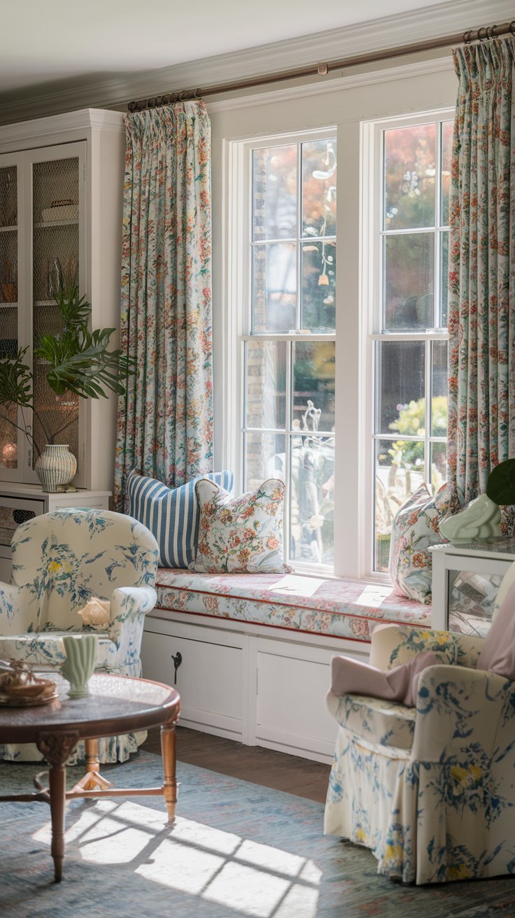 A photo of a charming cottagecore living room with a window seat. The room has a refreshing, lively atmosphere with lovely natural light soaking the room. There is a garden view outside the large window. The room is filled with vintage furniture, floral patterns, and greenery.