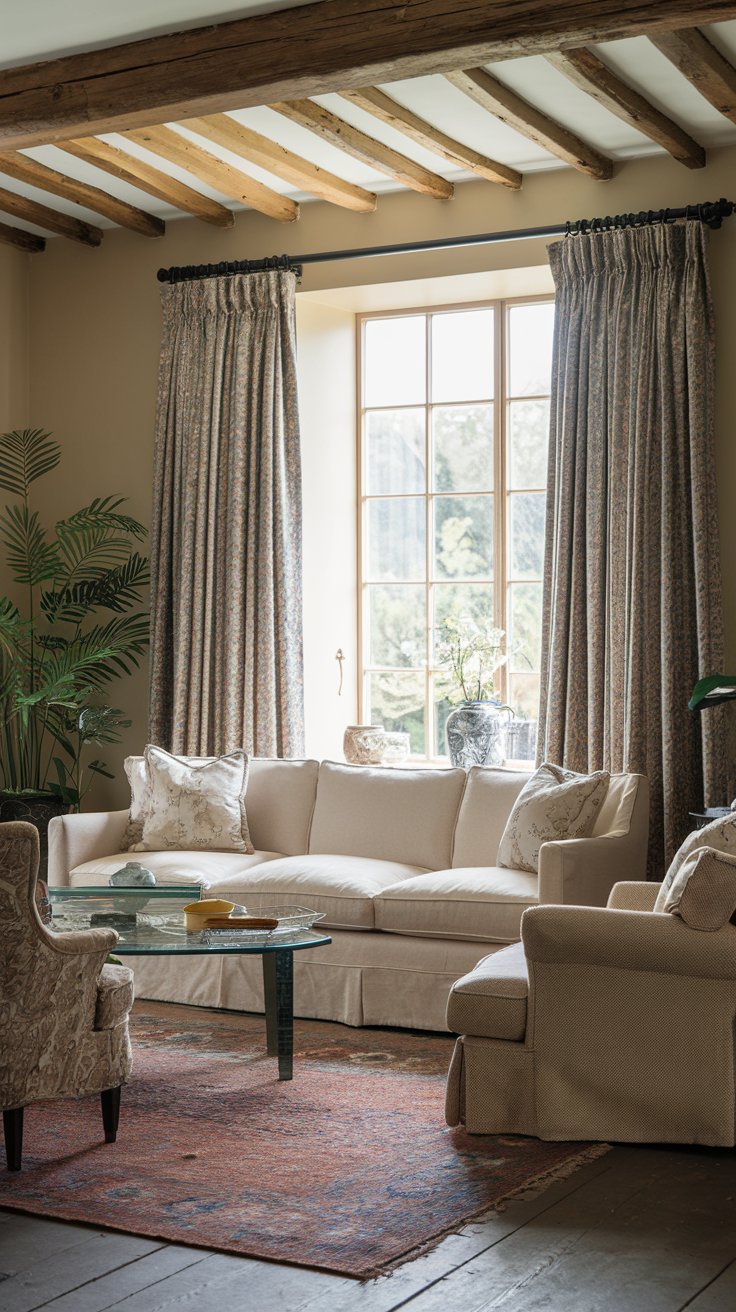 A photo of a charming English countryside living room with a beige sofa, a few chairs, a side table, and a rug. The room has a wooden beam ceiling and a large window with curtains. The curtains are held back by metallic tiebacks. There is a plant near the window. The walls are painted beige.