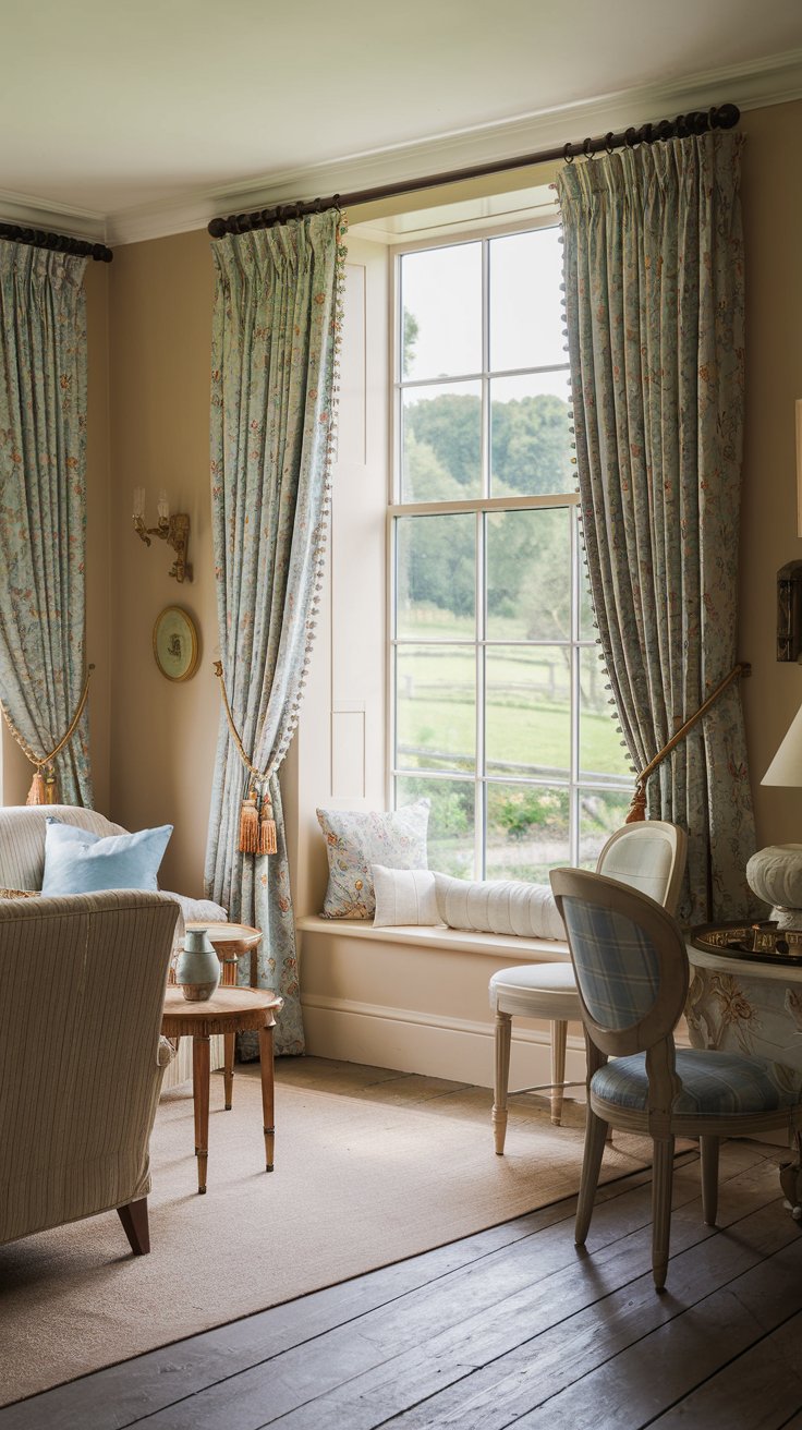 A photo of a charming English countryside living room. There are beige walls, a wooden floor, and a few pieces of furniture, including a sofa, a chair, and a table. The room has a large window with curtains. The curtains are tied back with gold fabric tiebacks. The window overlooks a lush green landscape. The room has a few decorative items, such as a vase and a lamp.